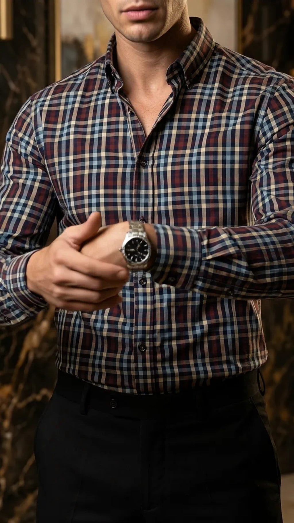 Camisa Hombre Casual Cuadros Negros, Azul, Blancos,  · foto 3/3