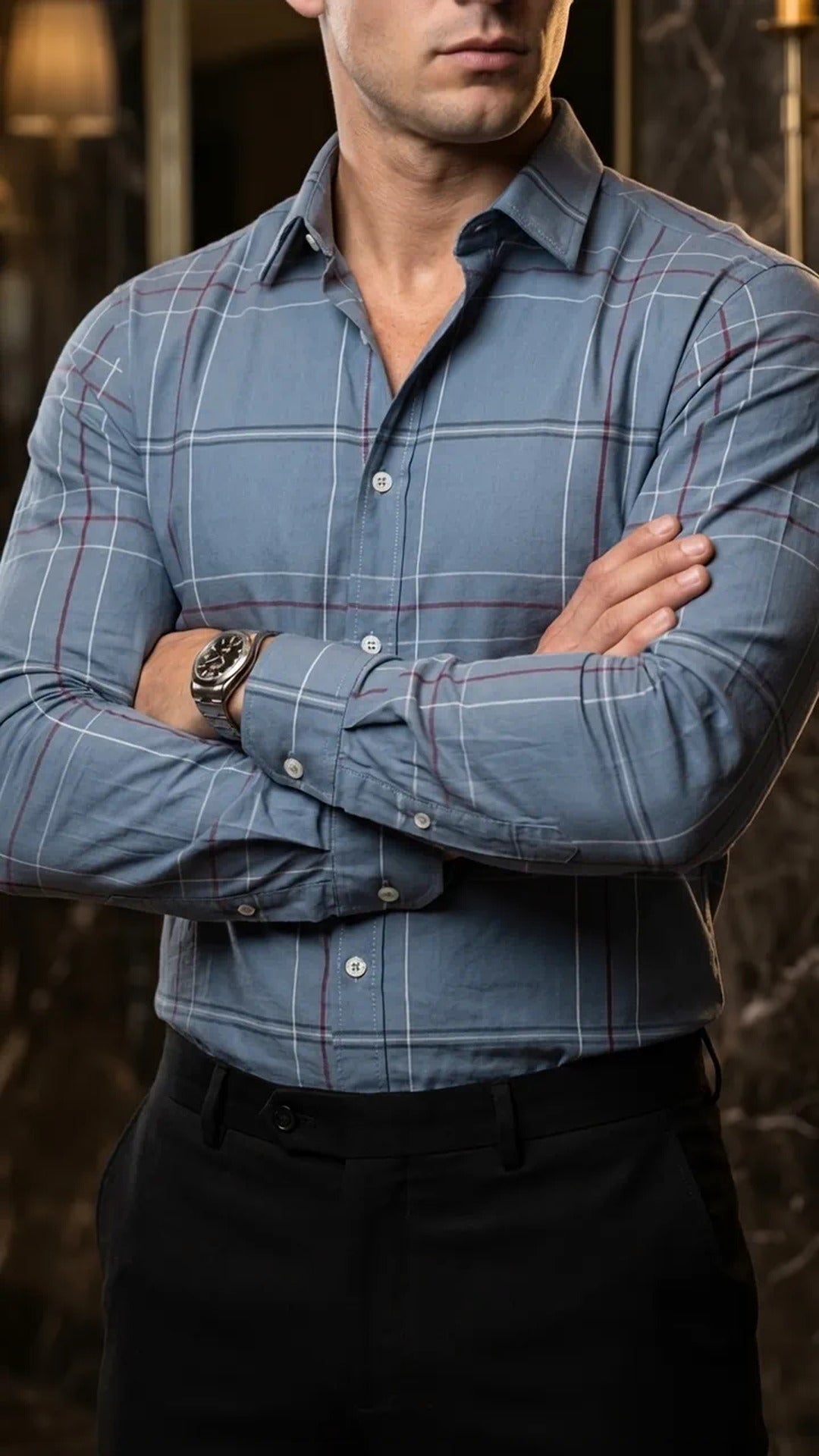 Camisa Hombre Casual Gris Lineas Vino, Marino · foto 1/3