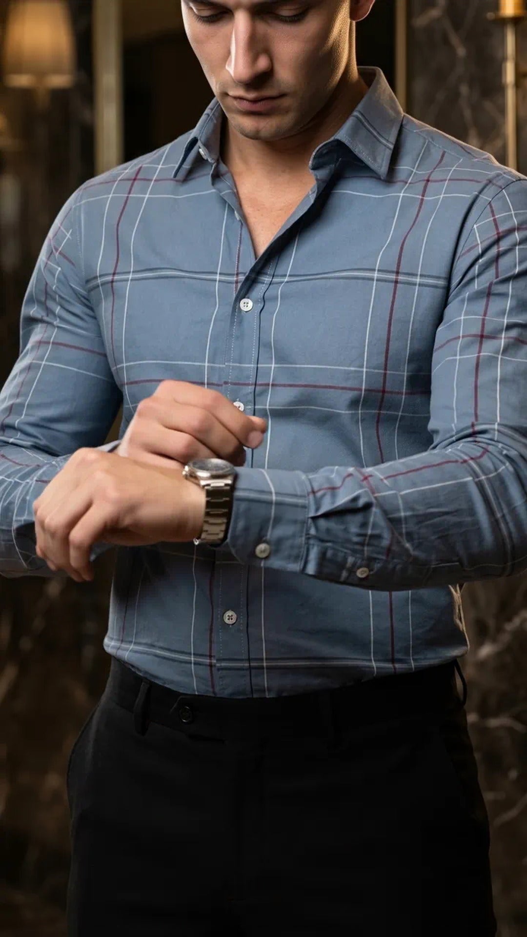 Camisa Hombre Casual Gris Lineas Vino, Marino · foto 2/3