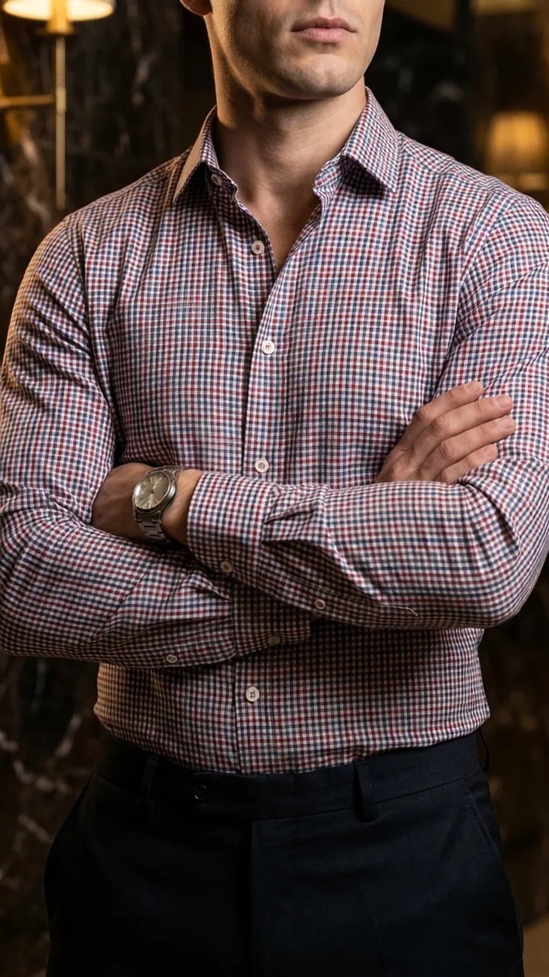 Camisa Hombre Casual Mini Cuadros Rojos, Vino, Marin · foto 1/3