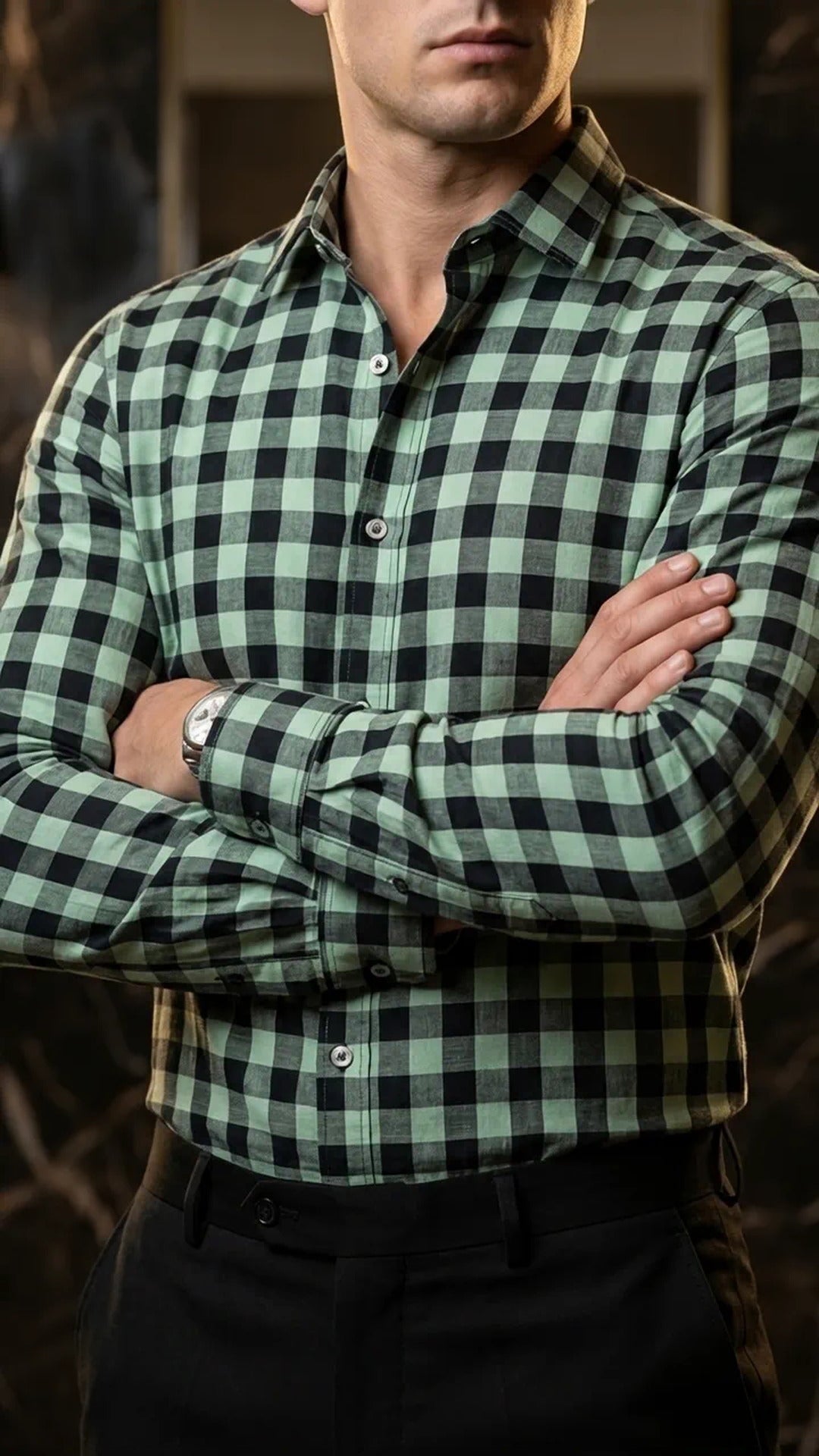 Camisa Hombre Casual Cuadros Verde Claro, Negros · foto 1/3