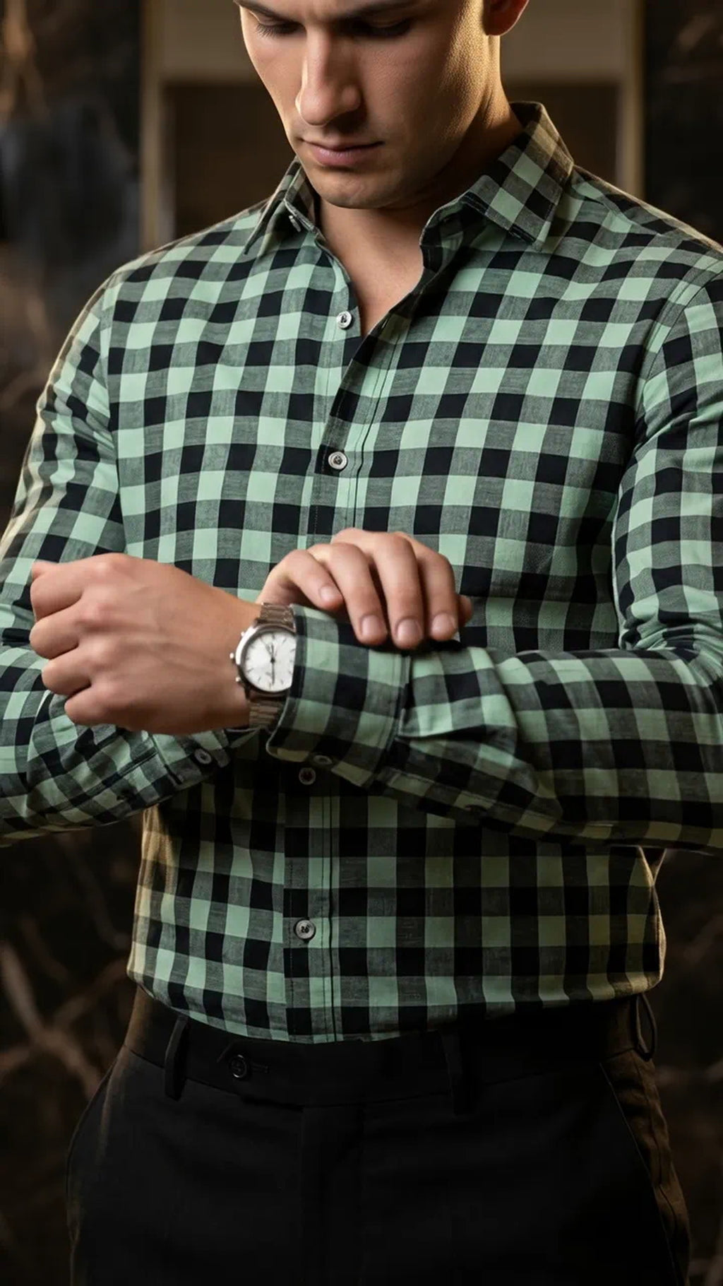 Camisa Hombre Casual Cuadros Verde Claro, Negros · foto 2/3