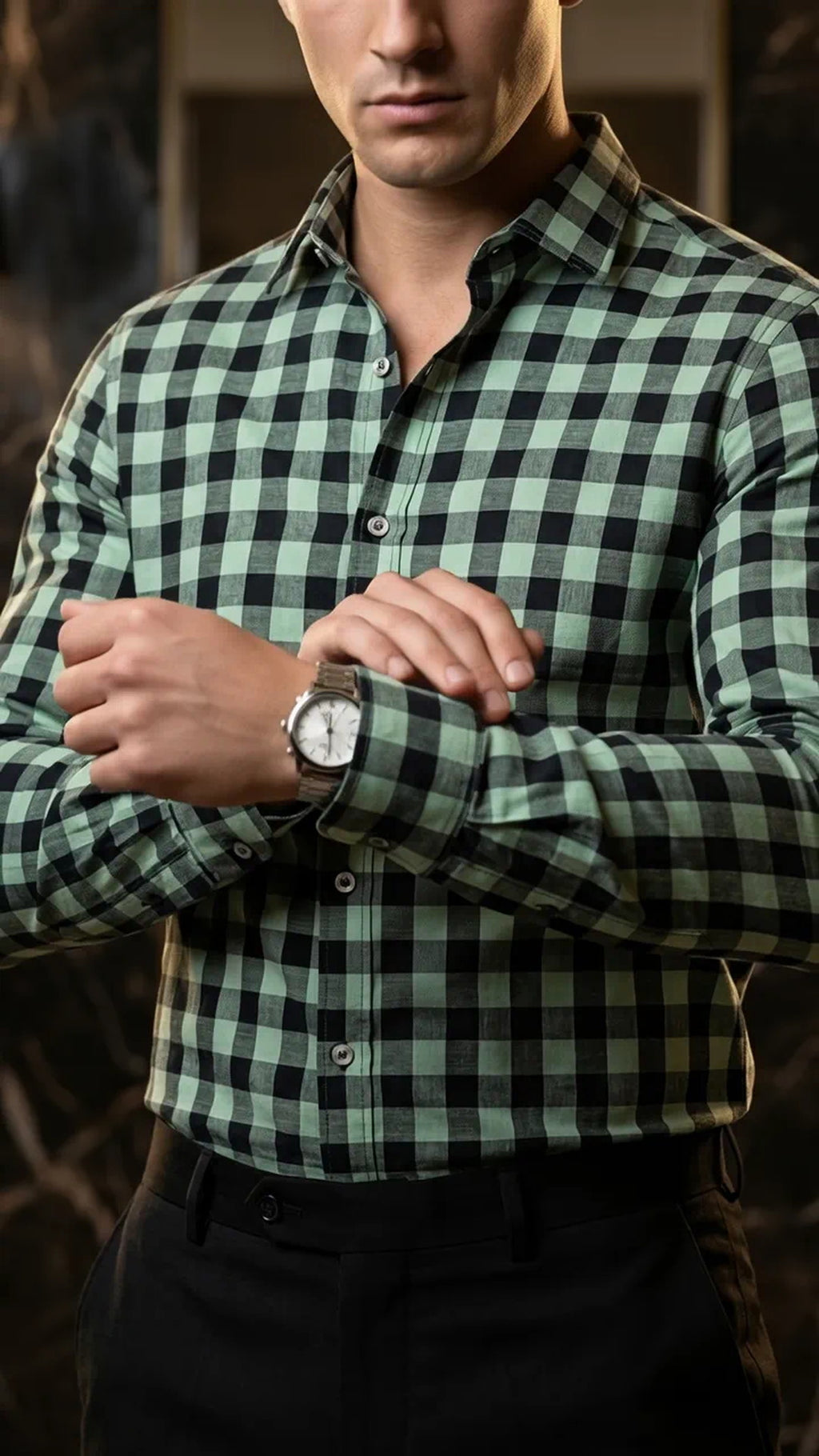 Camisa Hombre Casual Cuadros Verde Claro, Negros · foto 3/3