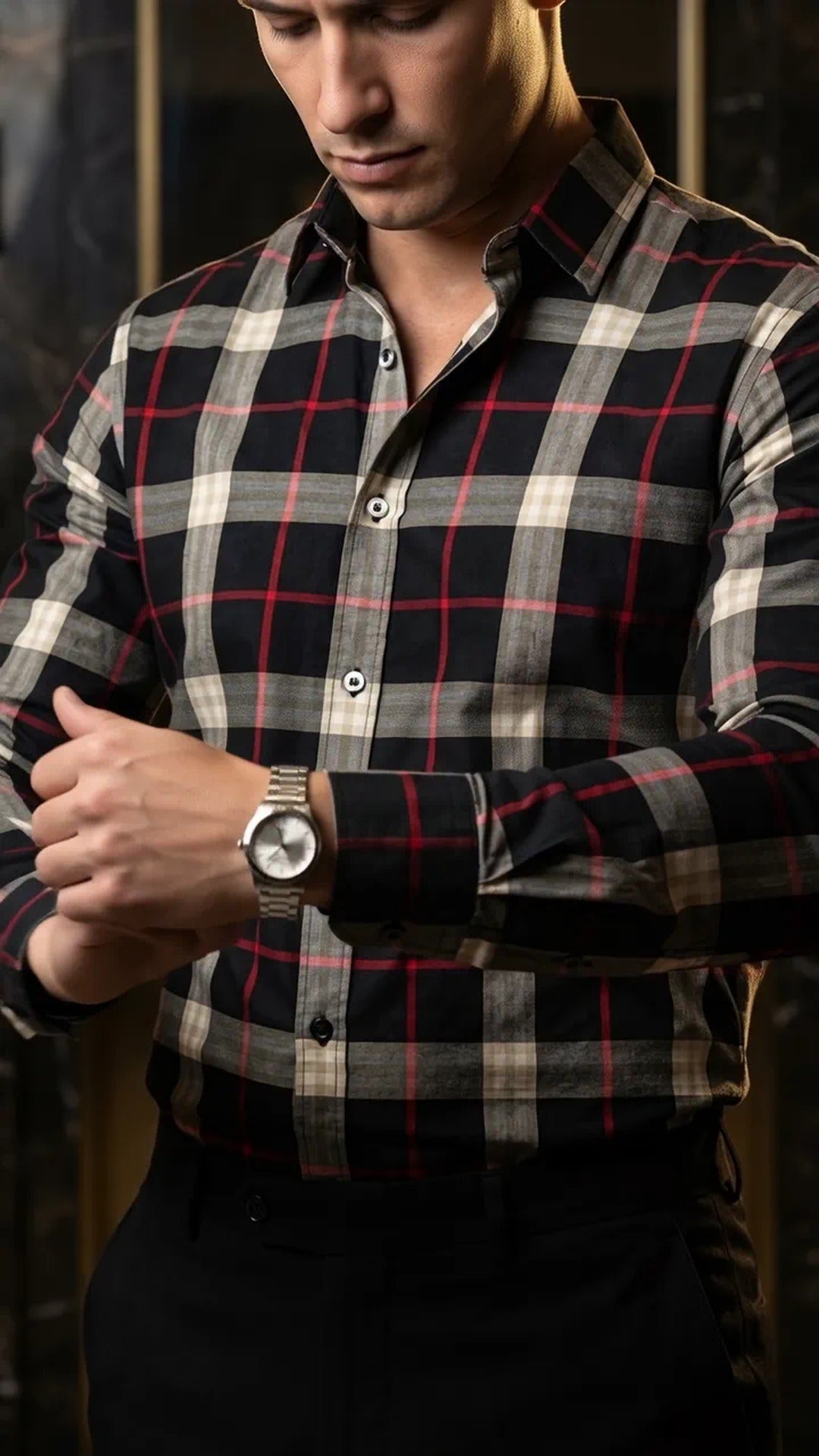 Camisa Hombre Casual Cuadros Negros, Blancos Lineas  · foto 2/3