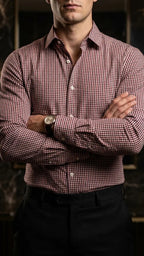 Camisa Hombre Casual Mini Cuadros Rojos, Vino, Blanc · foto 1/3