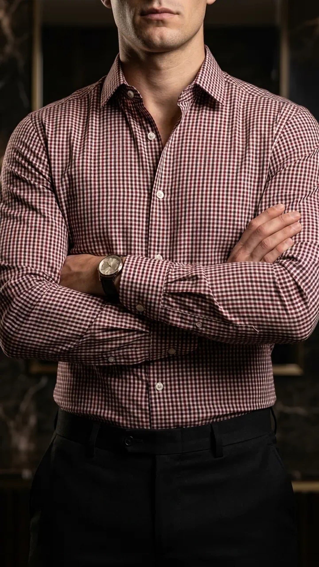 Camisa Hombre Casual Mini Cuadros Rojos, Vino, Blanc · foto 1/3