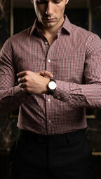 Camisa Hombre Casual Mini Cuadros Rojos, Vino, Blanc · foto 2/3
