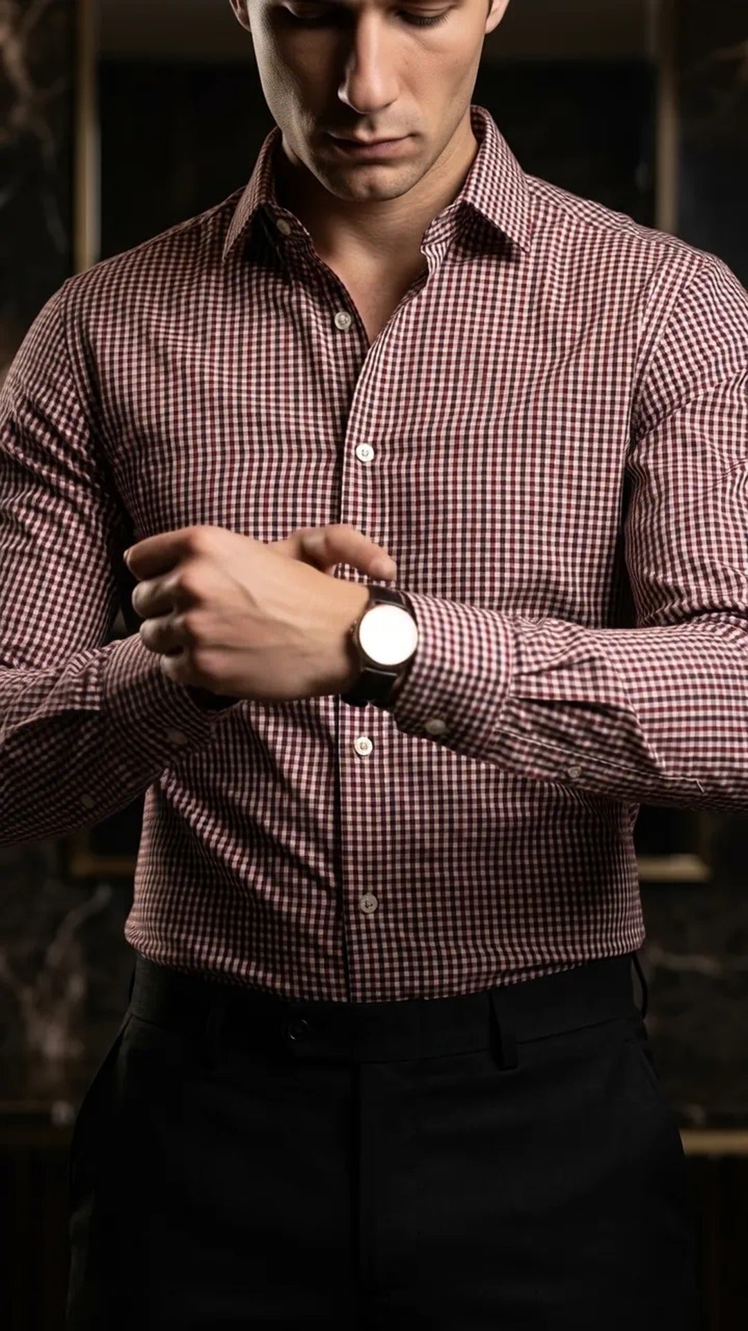 Camisa Hombre Casual Mini Cuadros Rojos, Vino, Blanc · foto 2/3