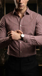Camisa Hombre Casual Mini Cuadros Rojos, Vino, Blanc · foto 3/3
