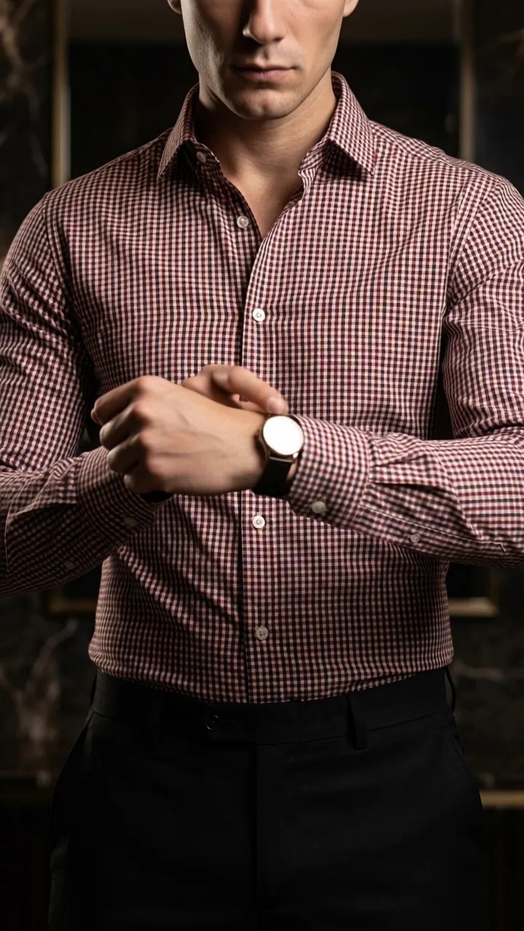 Camisa Hombre Casual Mini Cuadros Rojos, Vino, Blanc · foto 3/3