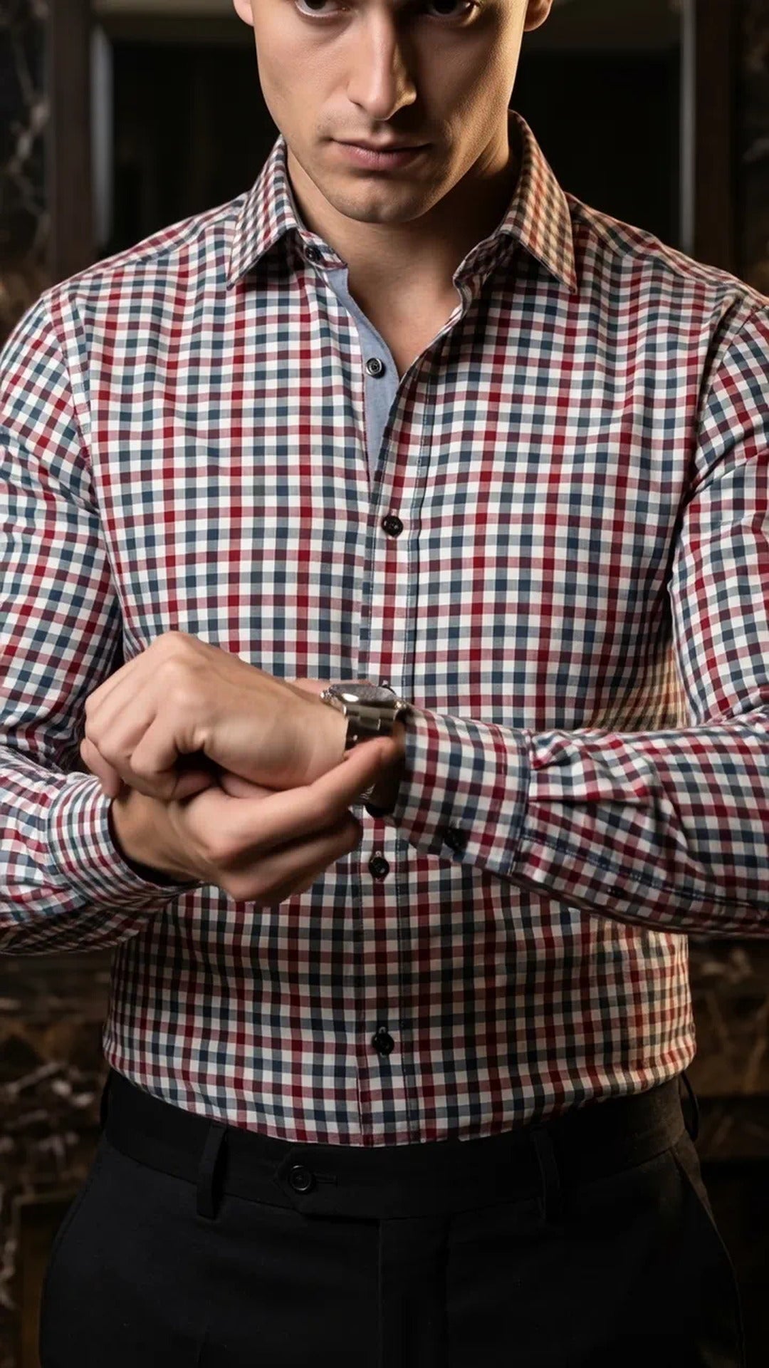 Camisa Hombre Casual Cuadros Marino, Rojos, Blancos · foto 3/3