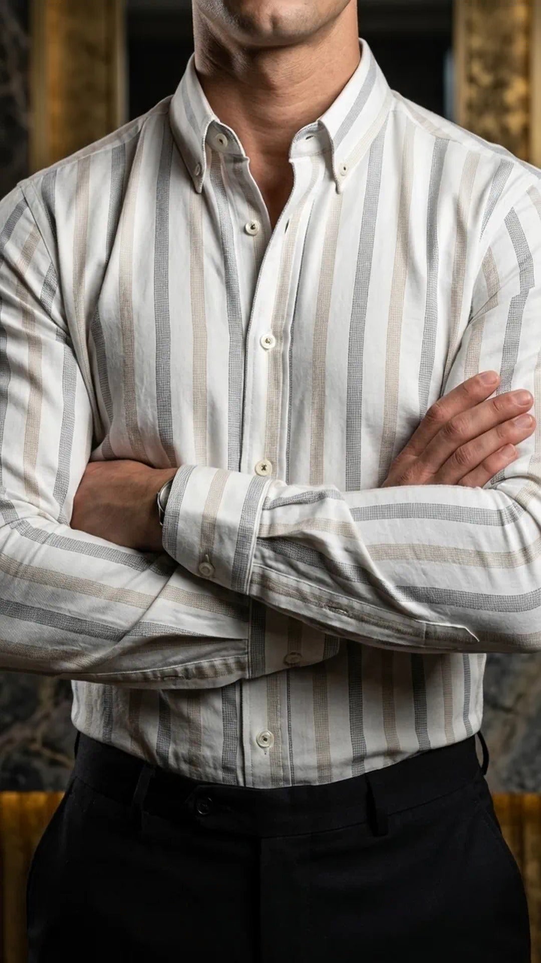 Camisa Hombre Casual Blanca Rayas Gris, Beige · foto 1/3