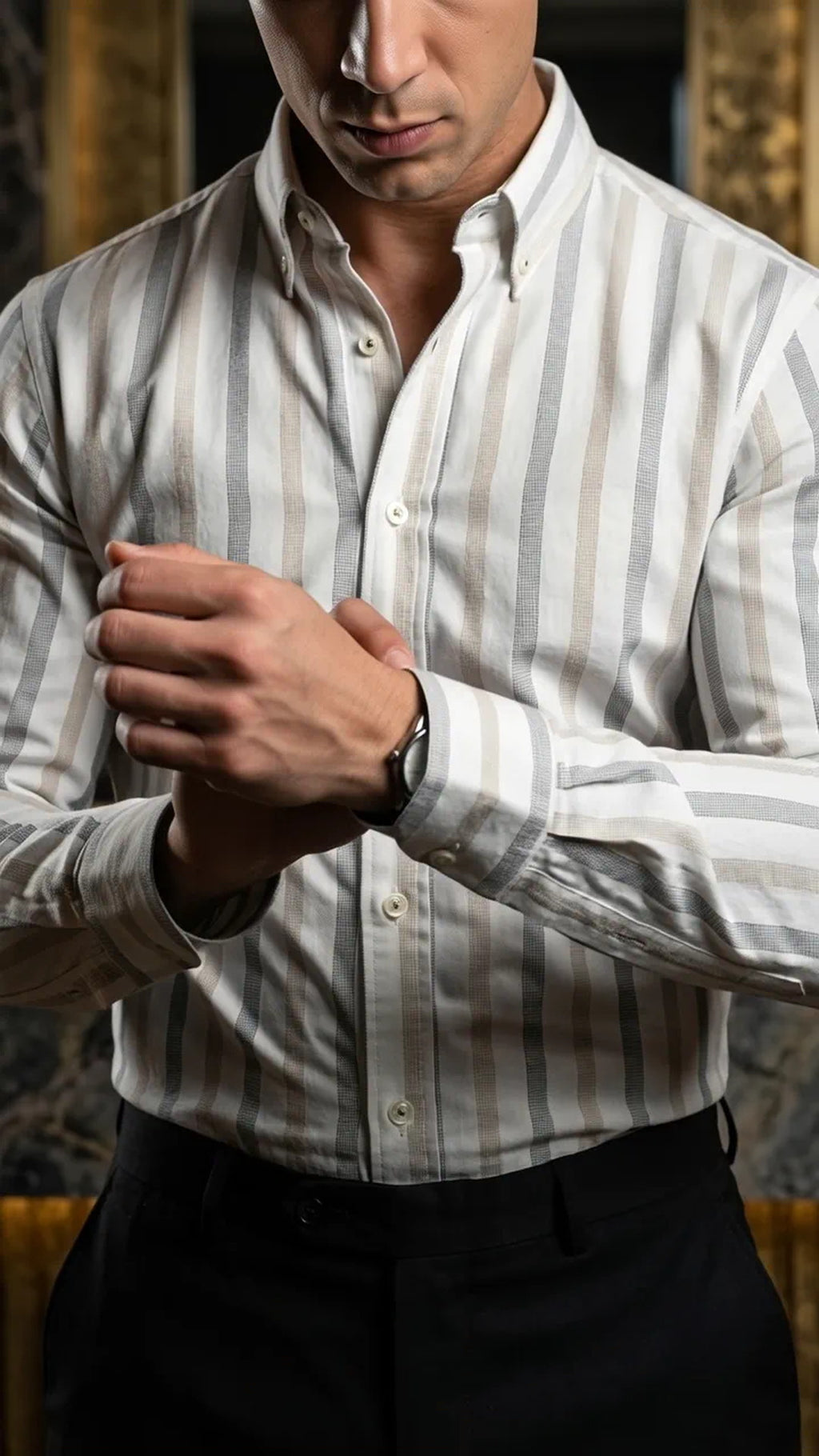 Camisa Hombre Casual Blanca Rayas Gris, Beige · foto 2/3