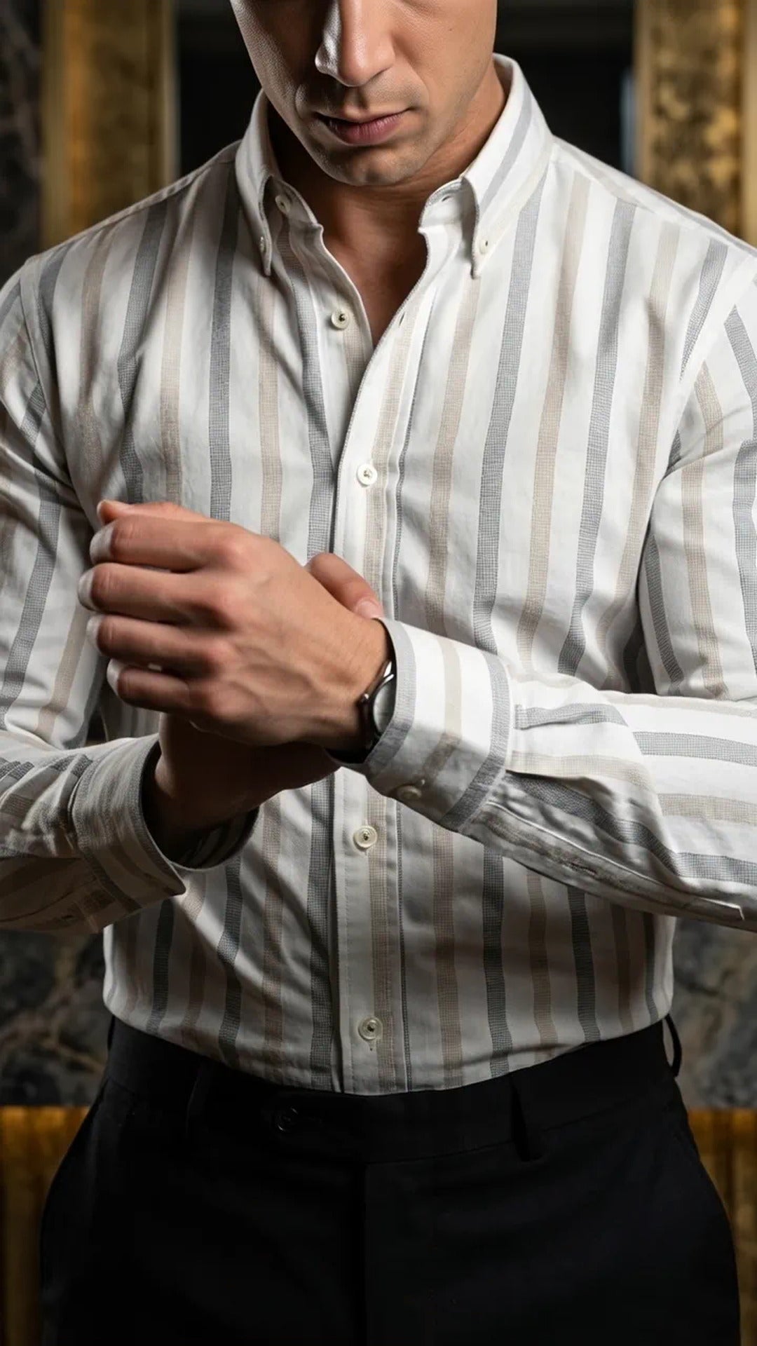 Camisa Hombre Casual Blanca Rayas Gris, Beige · foto 2/3