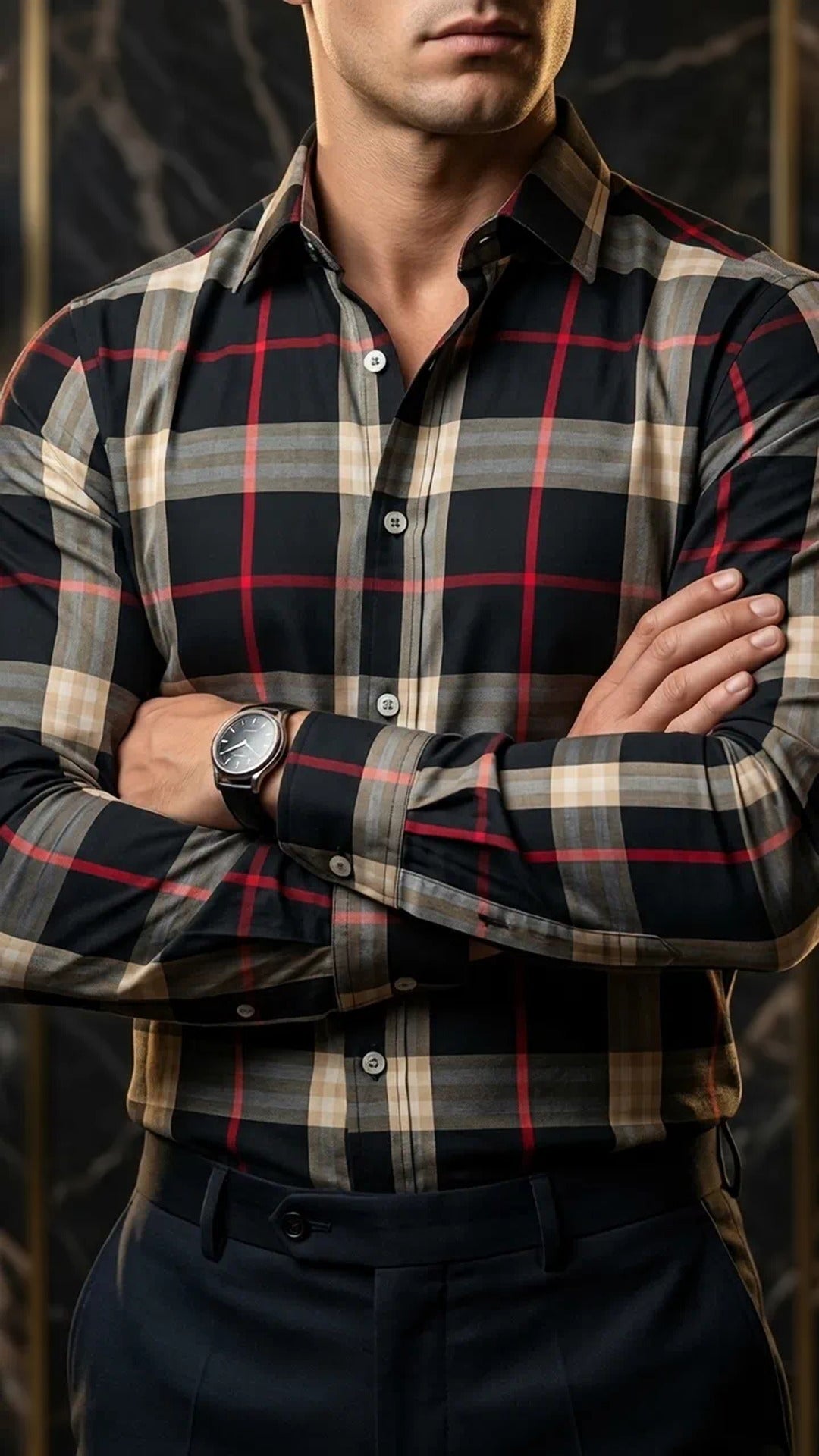 Camisa Hombre Casual Cuadros Negros, Beige Lineas · foto 1/3