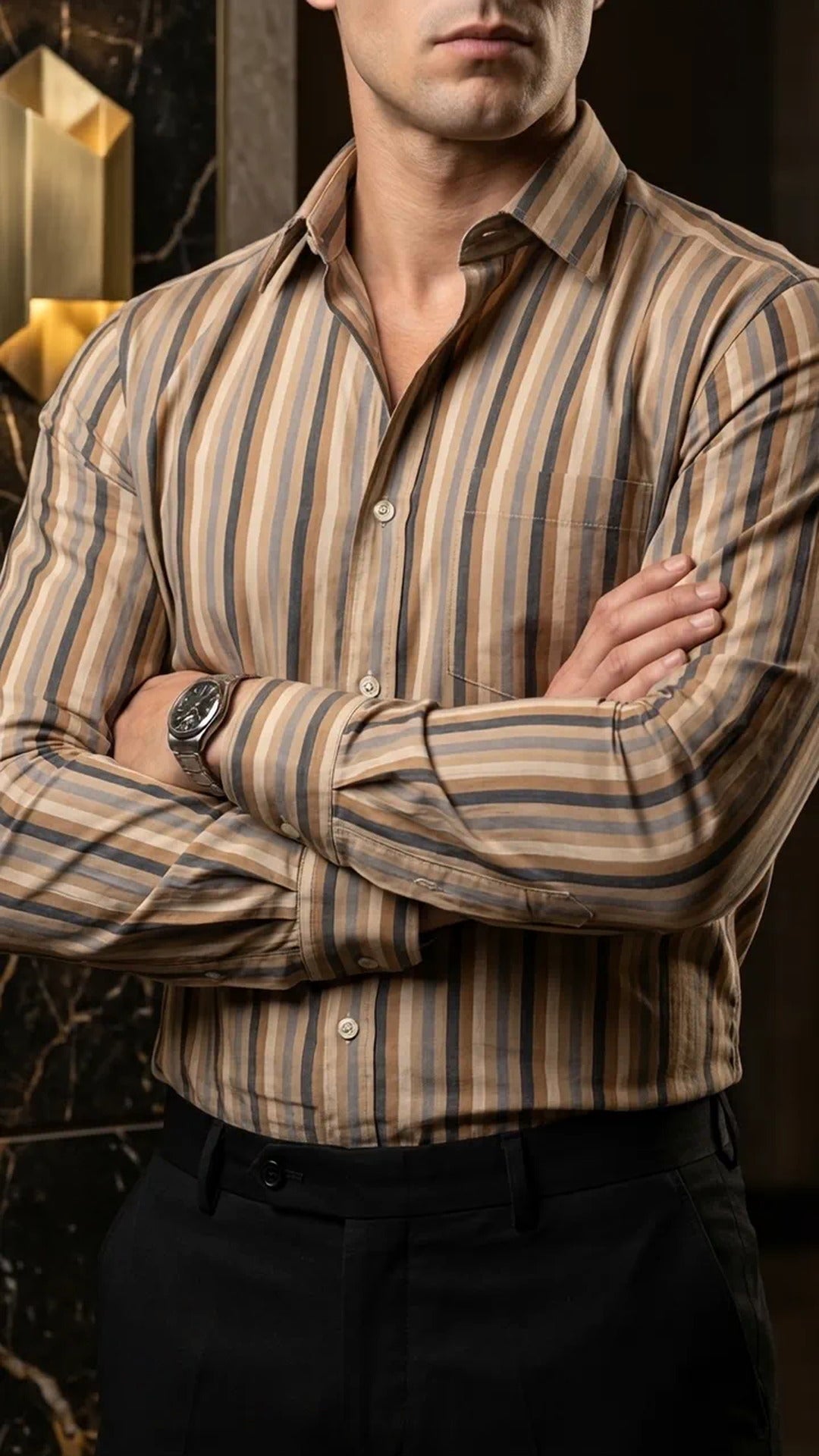 Camisa Hombre Casual Rayas Marrón, Beige, Gris · foto 1/3