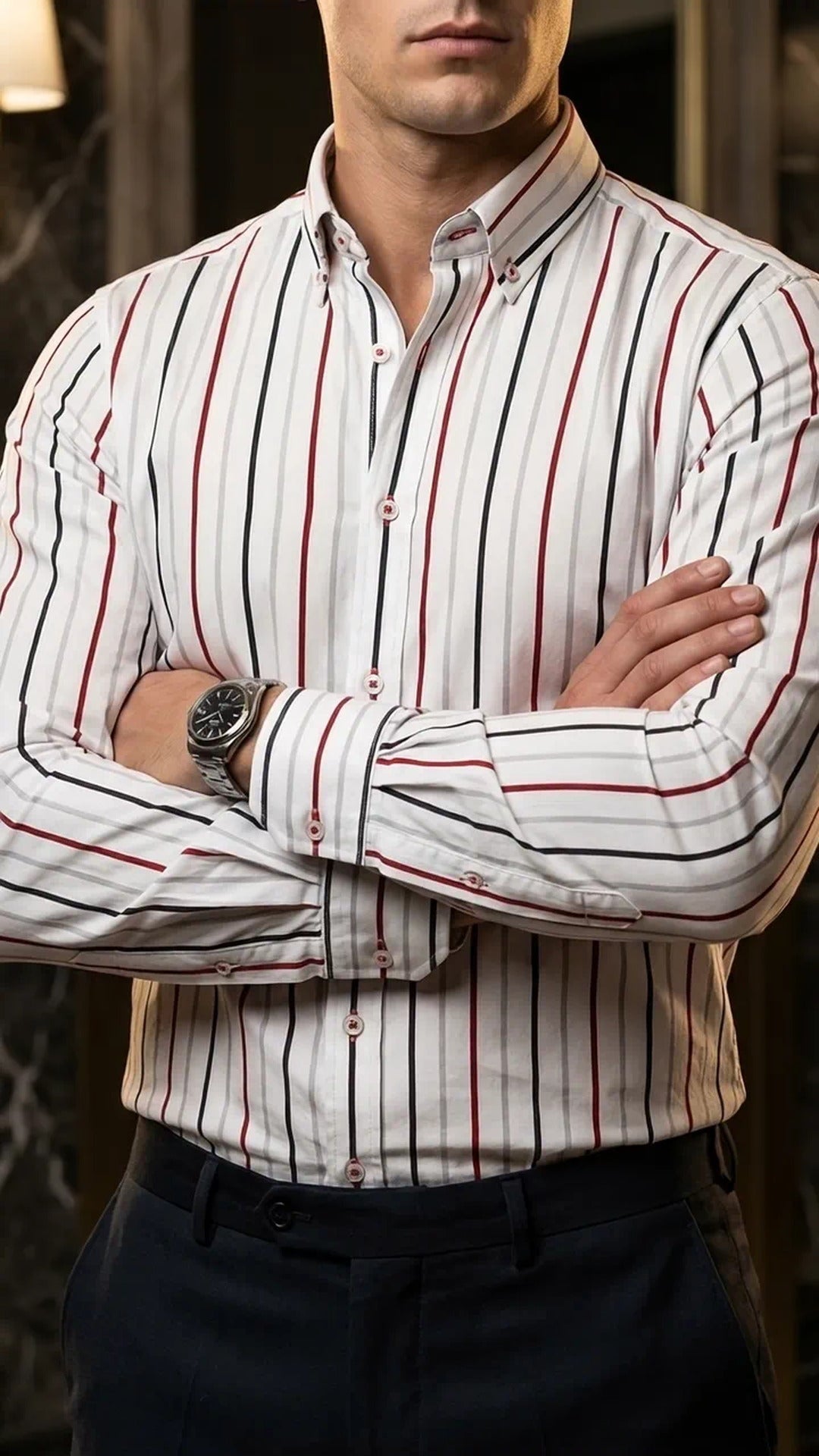 Camisa Hombre Casual Blanca Rayas Rojas, Negras, Gri · foto 1/3