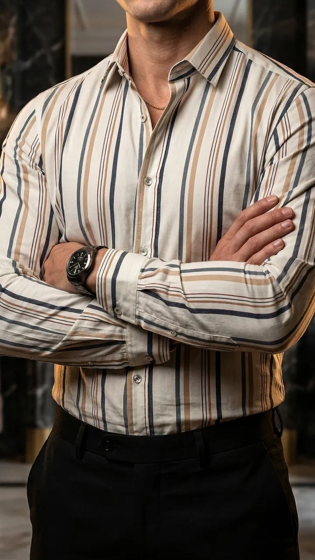 Camisa Hombre Casual Beige Rayas Marrón, Gris · foto 1/3