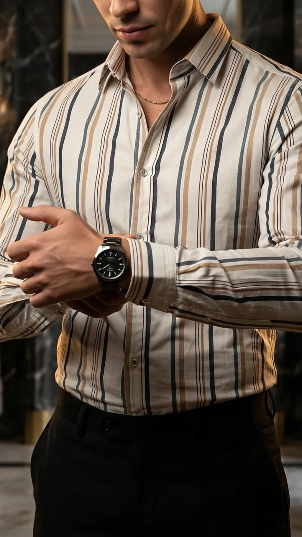 Camisa Hombre Casual Beige Rayas Marrón, Gris · foto 3/3