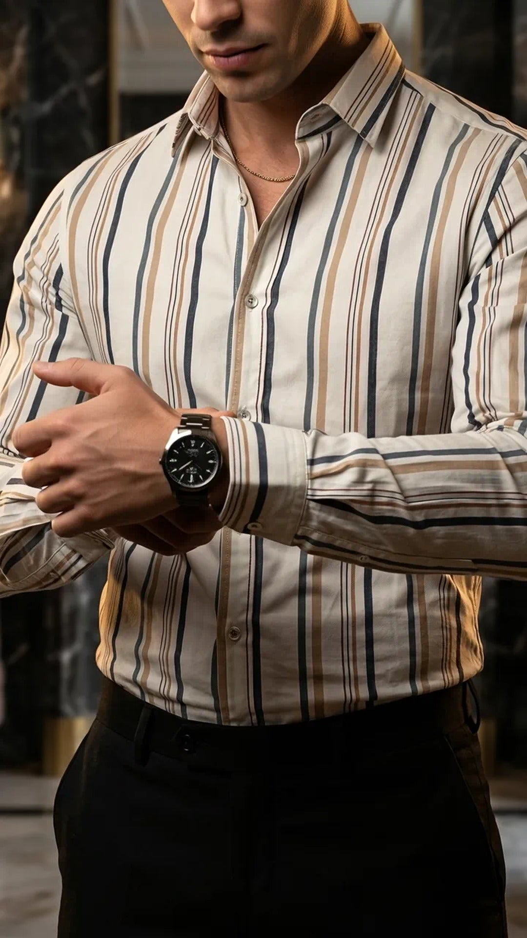 Camisa Hombre Casual Beige Rayas Marrón, Gris · foto 3/3
