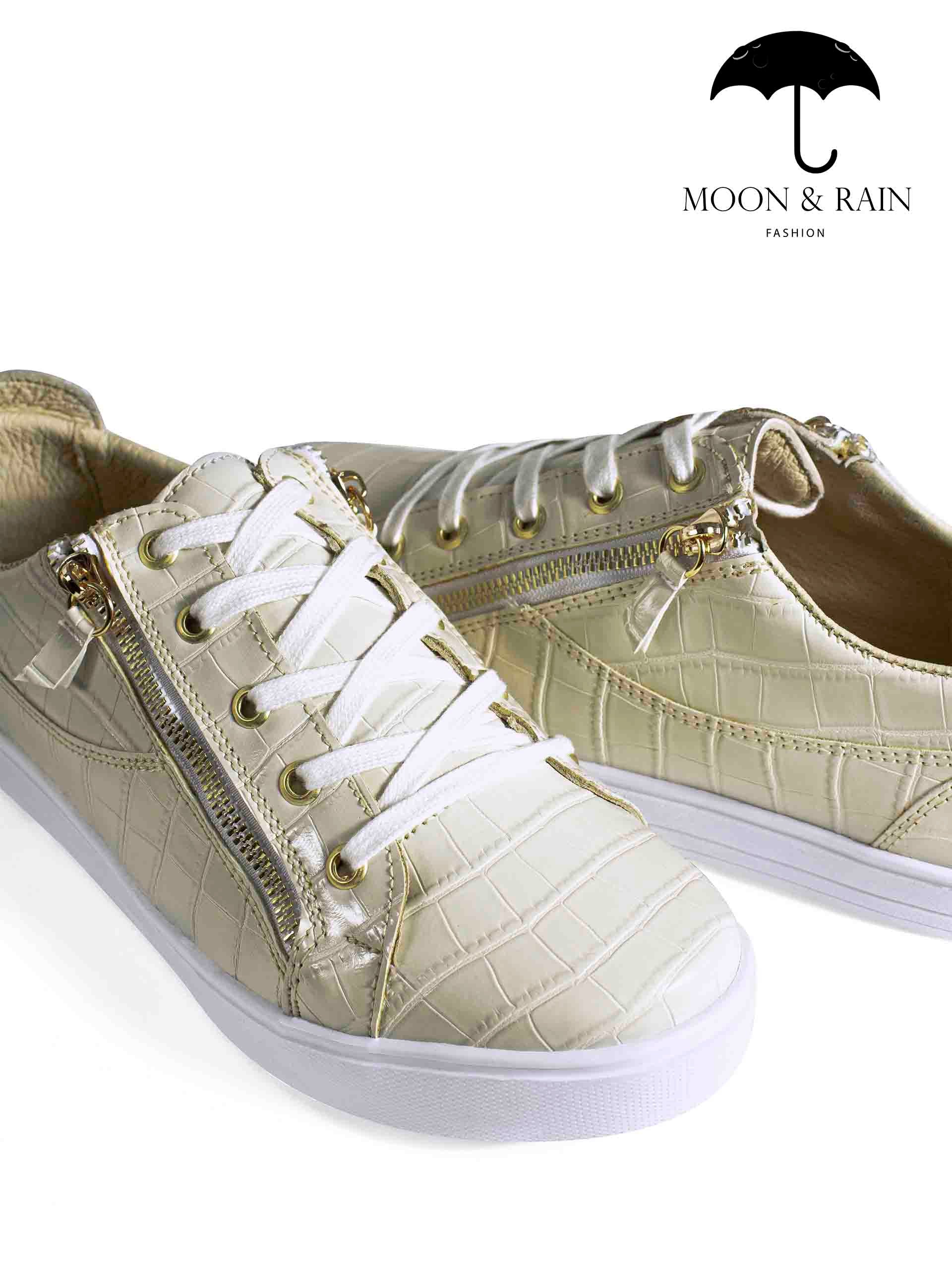 Tenis Hombre Sneakers Beige Grabado Cocodrilo Cierre