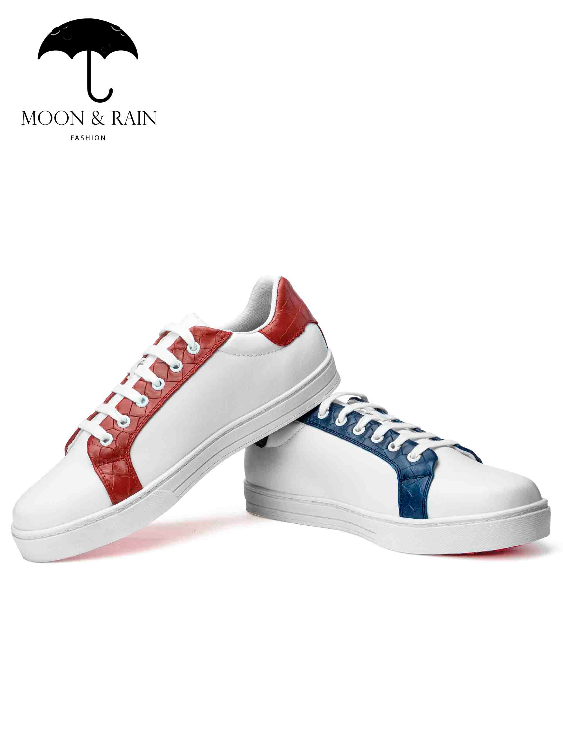 Tenis Sneakers Hombre Blanco Liso Texturizado Rojo Y Azul PIEL - Tiendas Platino Tenis Hombre 25 MX