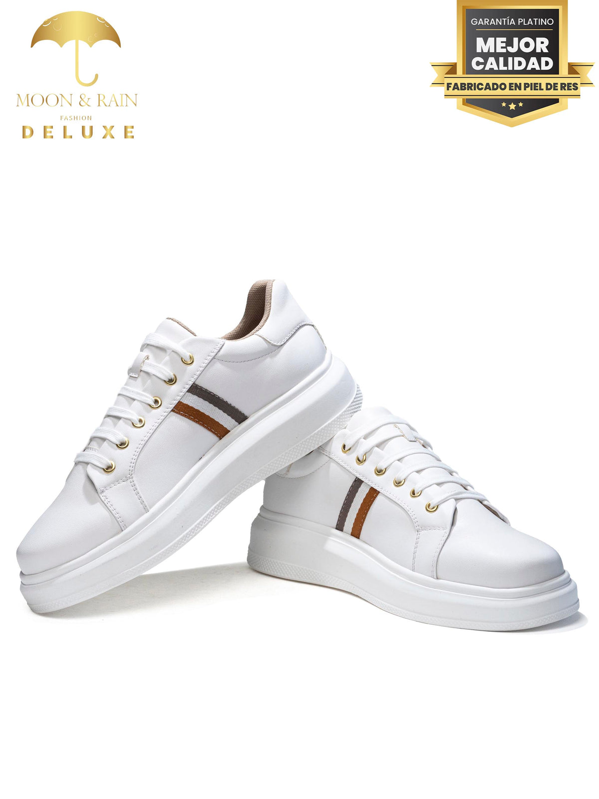 Tenis Hombre Sneakers Blancos Franjas Marrón, Gris