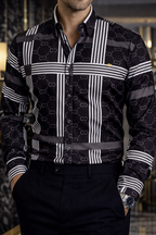 Camisa Hombre Casual Negra Rayas Blancas Figuras