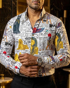Men's Casual Slim Fit White Shirt with Sphinxes and Letters