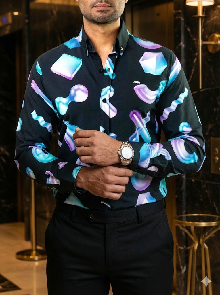 Camisa Hombre Casual Slim Fit Negra Geometría 3D