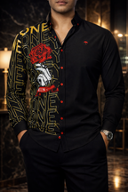 Camisa Hombre Casual Slim Fit Negra Con Rosa Money