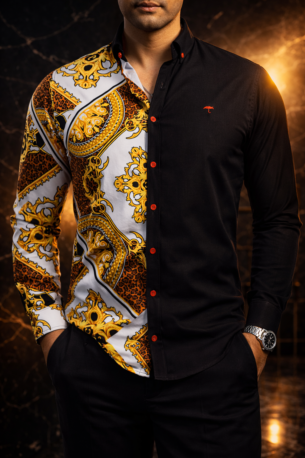 Men's Casual Slim Fit Shirt with Golden Baroque Figures - Black