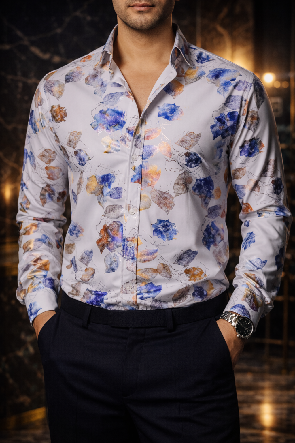 Men's Casual Slim Fit White Shirt with Blue Iridescent Leaves