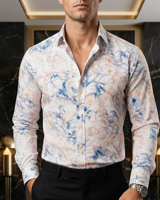 Camisa Hombre Casual Slim Fit Blanca Hojas Tornasol