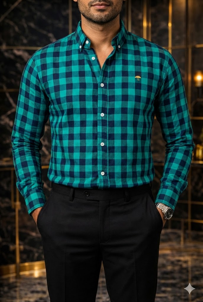 Camisa Hombre Casual Cuadros Azul Turquesa Negros