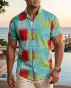 Men's Casual Short-Sleeved Shirt, Green and Red Plaid