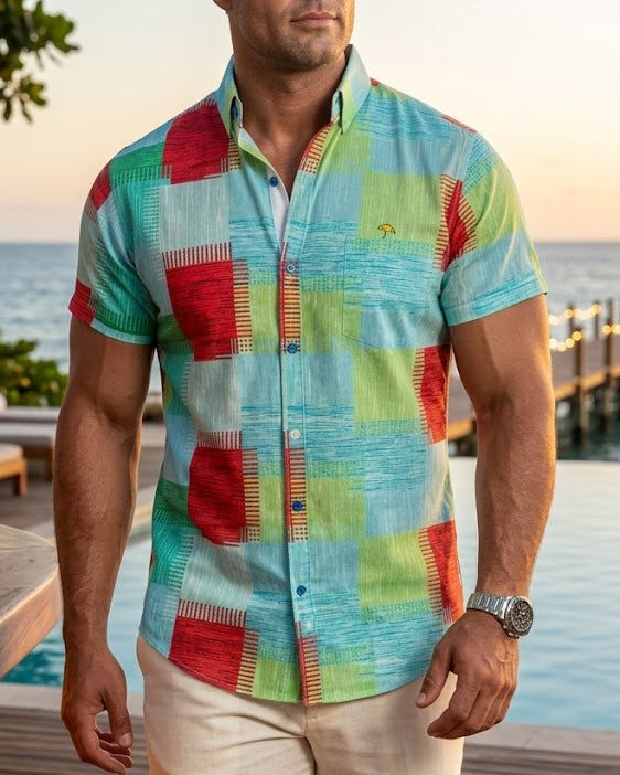 Men's Casual Short-Sleeved Shirt, Green and Red Plaid