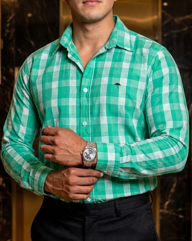 Camisa Hombre Casual Cuadros Verdes, Blancos Lineas