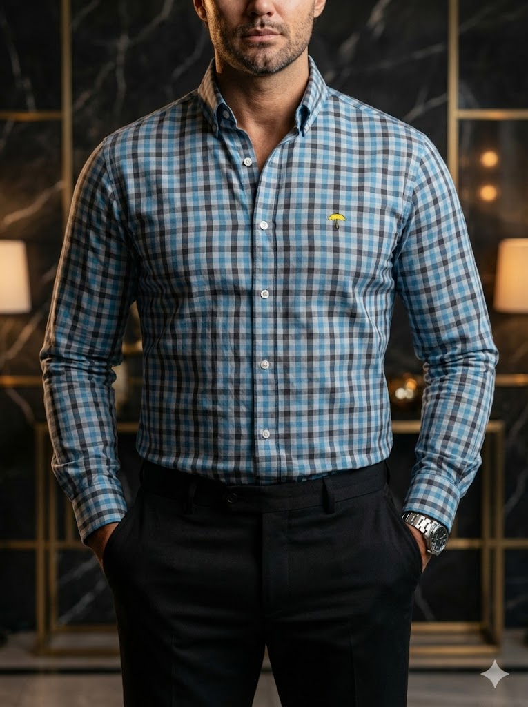 Men's Casual Shirt, Sky Blue and Gray Check