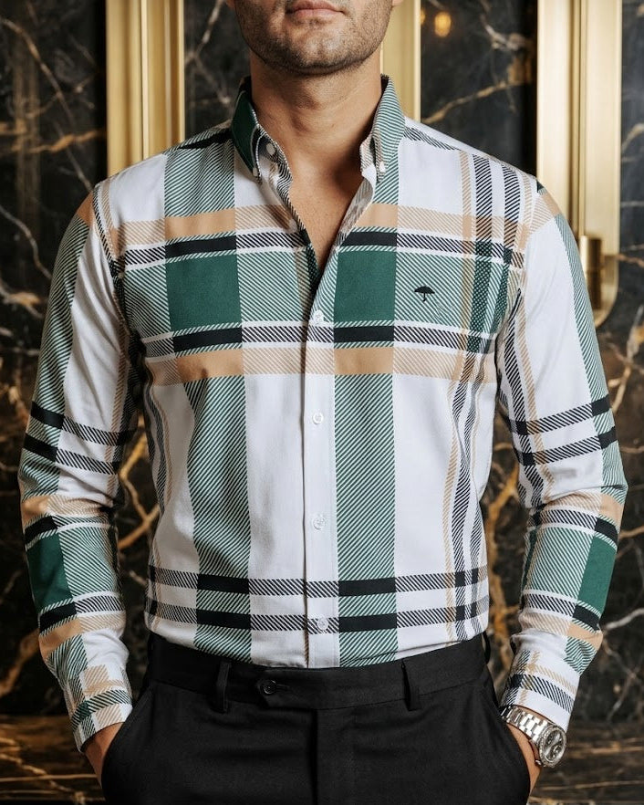 Camisa Hombre Casual Blanca Líneas Verde y Amarilla