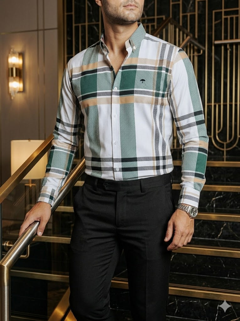 Camisa Hombre Casual Blanca Líneas Verde y Amarilla