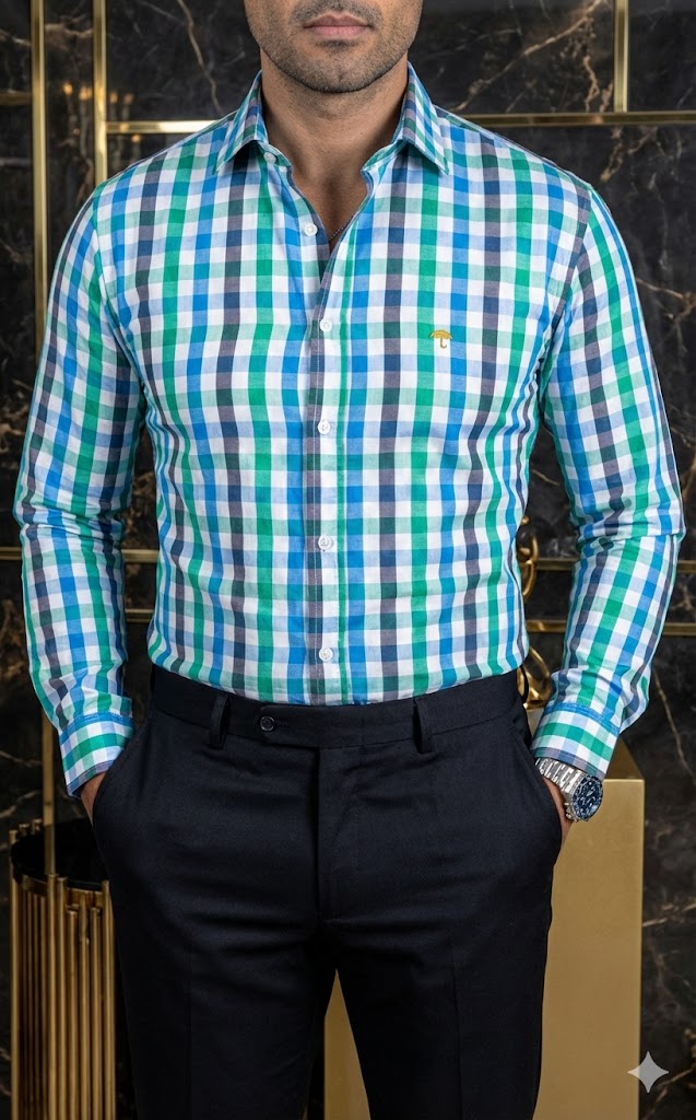 Men's Casual Shirt, Green, Gray and Blue Stripes