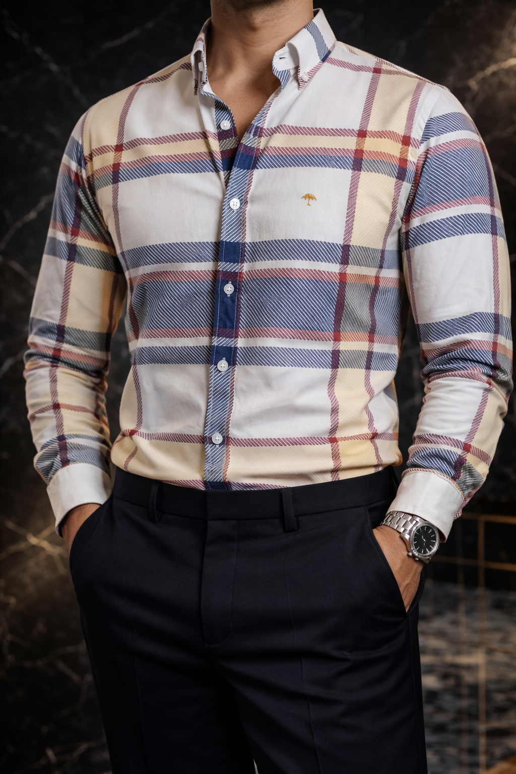 Camisa Hombre Casual Hueso Líneas Morado Rojo y Amarillo