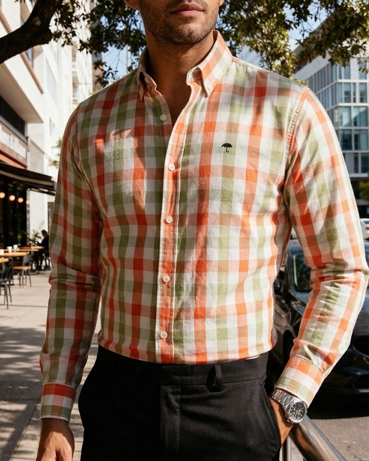 Camisa Hombre Casual Cuadros Verde Rosa y Blanco