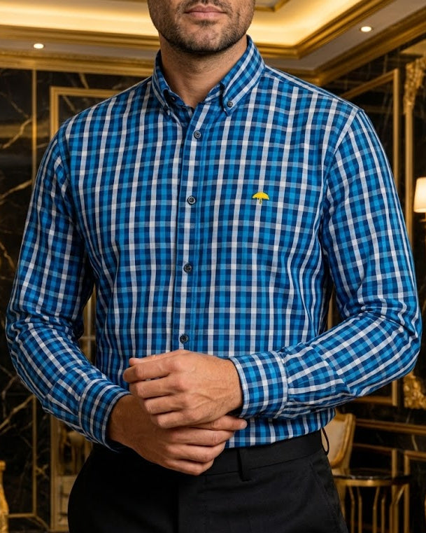 Camisa Hombre Casual Cuadros Azul y Gris