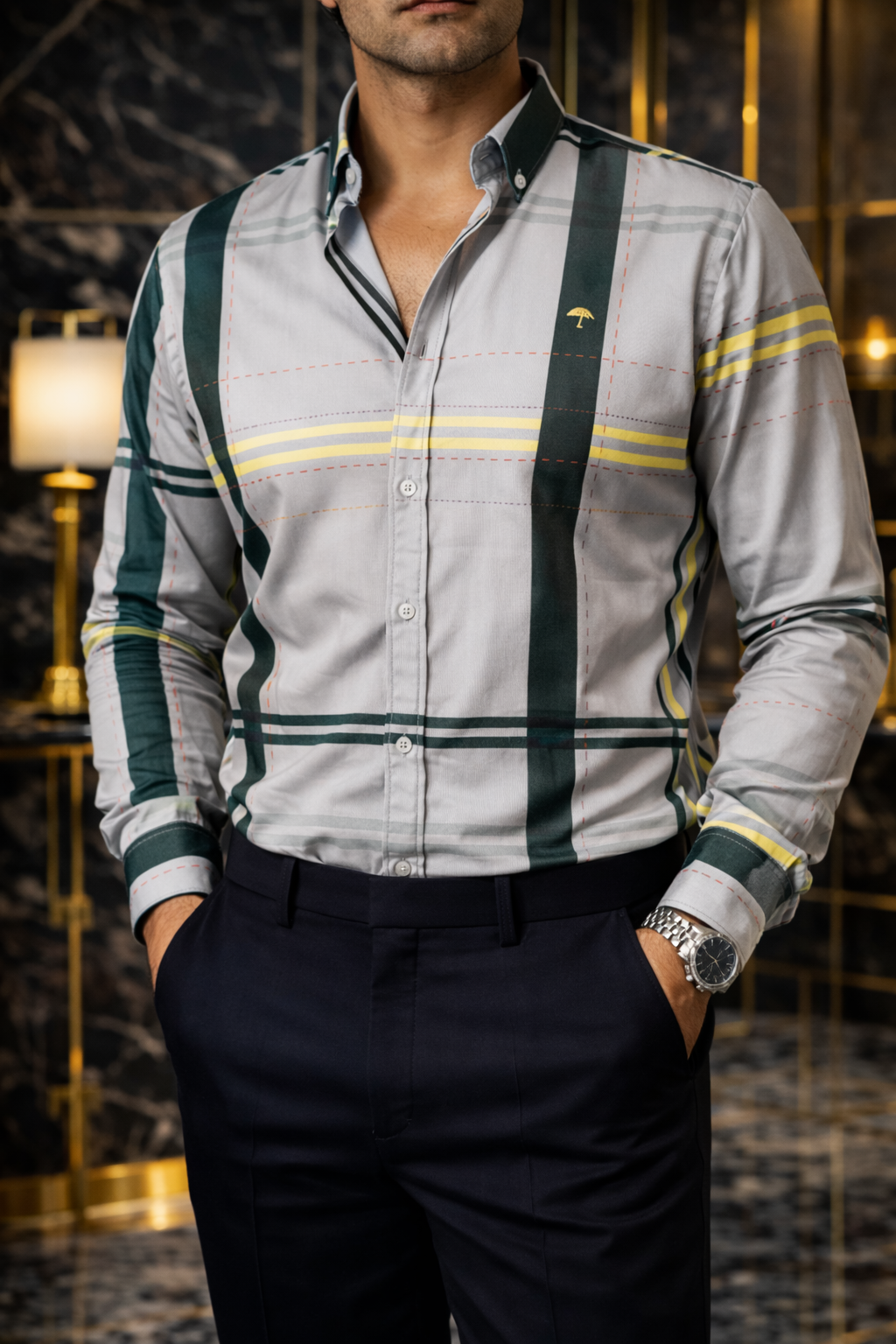 Camisa Hombre Casual Gris Detalles Líneas Amarillo y Rojo