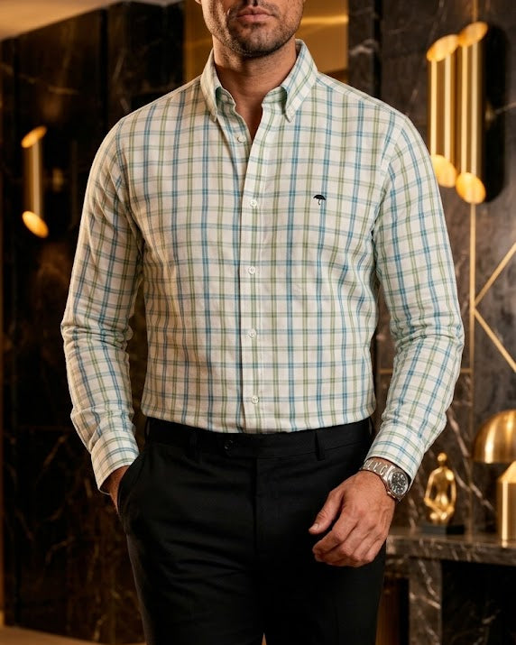 Camisa Hombre Casual Líneas Azul Cielo y Verde