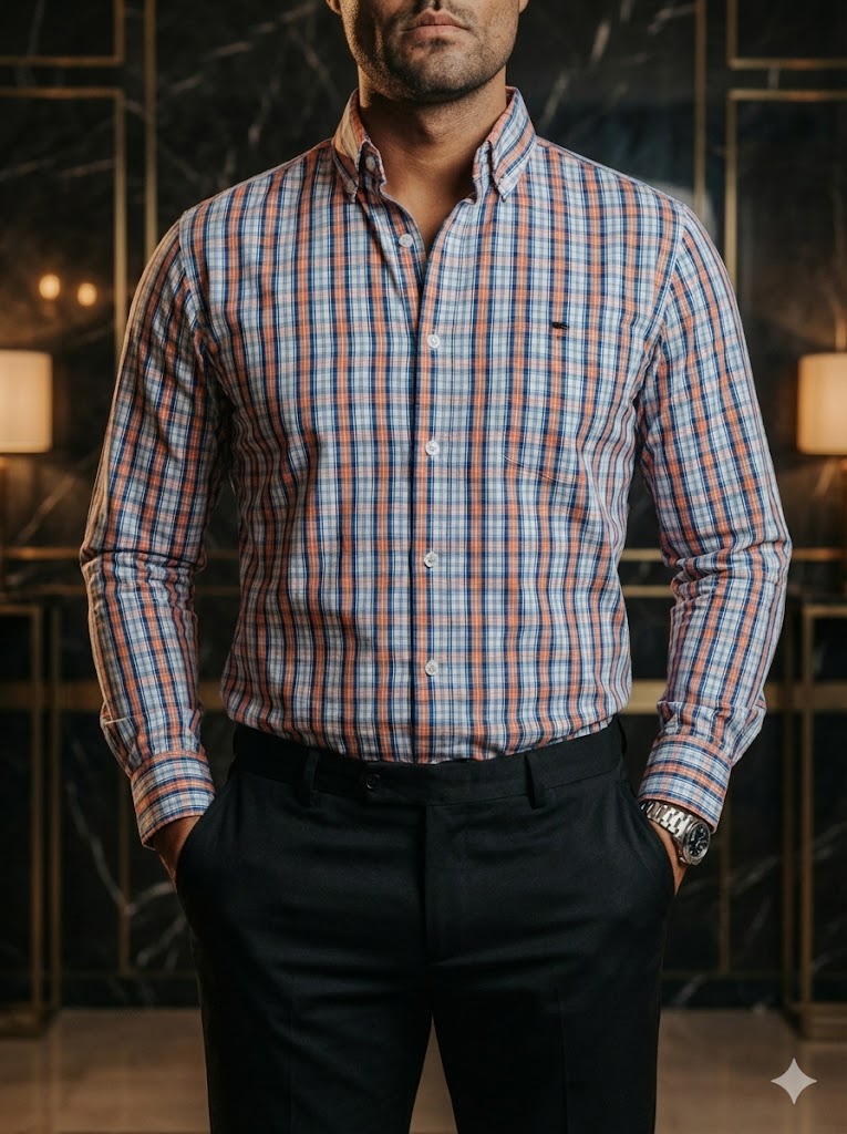 Camisa Hombre Casual Cuadros Naranja y Azul Marino