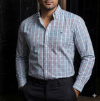 Camisa Hombre Casual  Minicuadro Azul Marino Vino y Turquesa