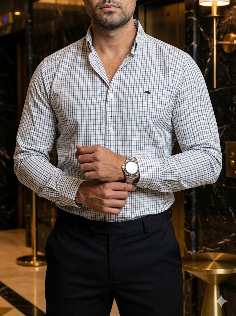 Camisa Hombre Casual Líneas Azul Cielo Café y Gris